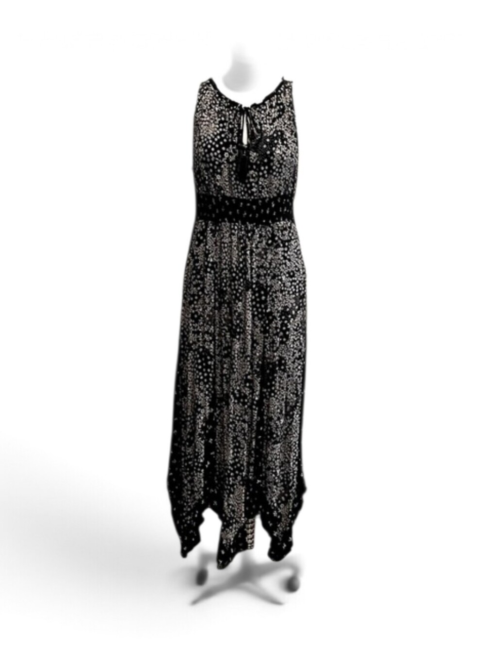 Bila Black Floral Print Boho Sleeveless Handkerchief HemMaxi Dress